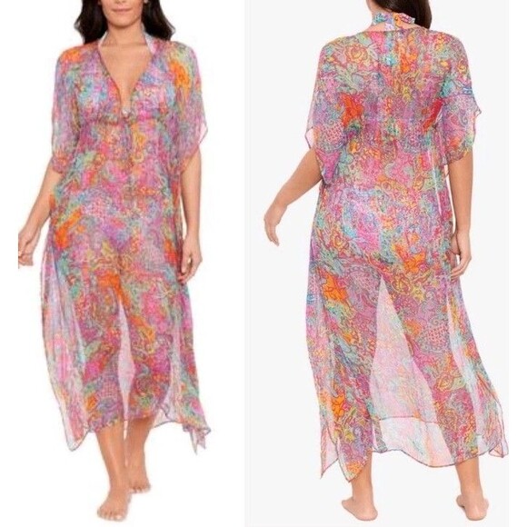 Lauren Ralph Lauren Cover-up Sz XS Midi Caftan Sheer Paisley Floral Multi $135 - Picture 16 of 16